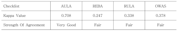 인간공학적 평가도구들의 이차 가중치 Kappa value