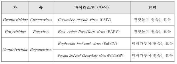 국내 발생하는 패션프루트 주요 바이러스 4종의 특성