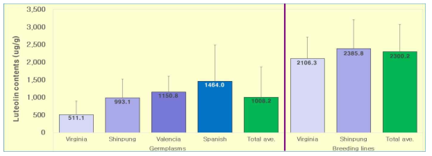 유전자원과 육종계통에서 각 초형별 luteolin 함량 비교