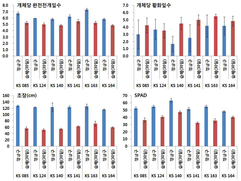 30일 습해처리에 의한 옥수수 자식계통별 생육 및 엽색도 반응