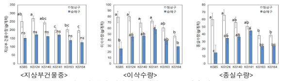 유묘기 습해 처리 후 수확기 건물중, 이삭 및 종실 수량