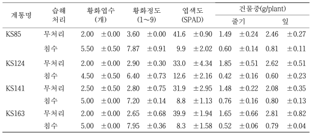 침수 20일후 지상부 습해 관련 제 형질의 변화