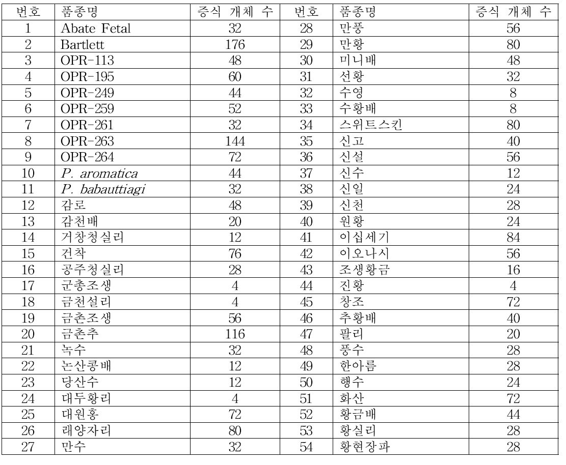 기내 도입된 배 유전자원 목록