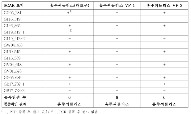 분자표지를 이용한 ‘홍주씨들리스’ 무병묘의 품종 확인 결과