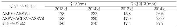 바이러스 감염에 따른 홍로 품종(재식 3, 4년차)의 수체생육