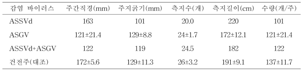 바이러스 감염에 따른 배 신고(9년생) 품종의 수체생육 및 과실수량