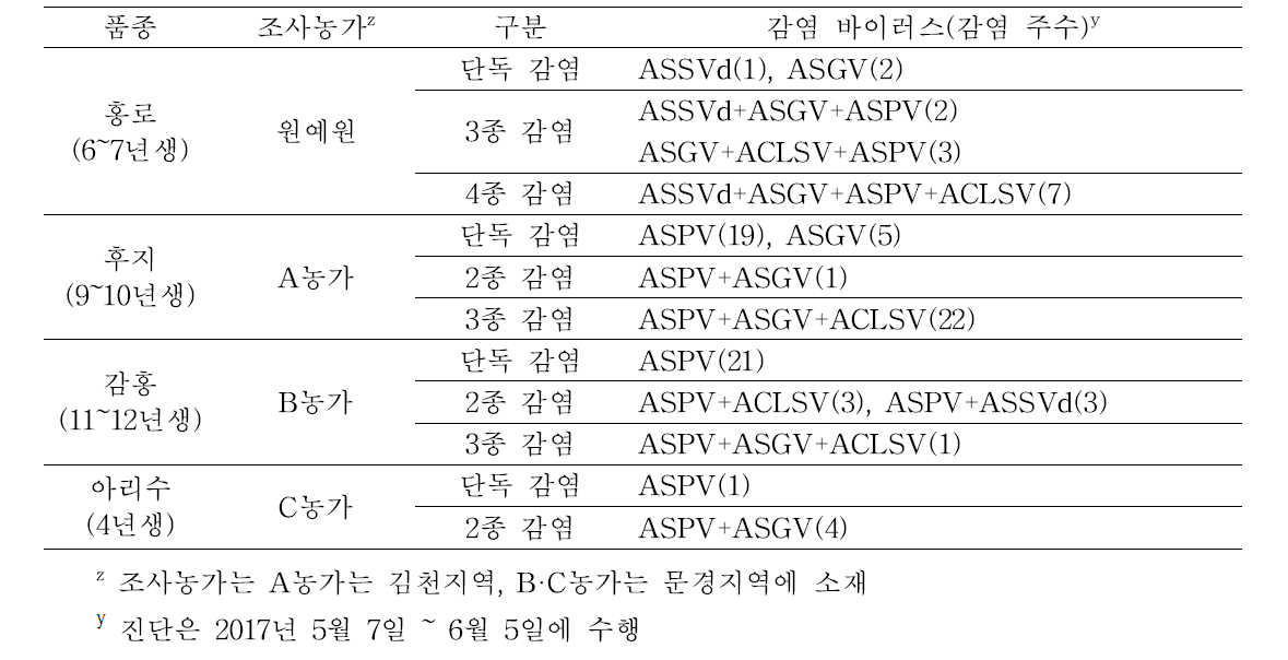 사과 후지, 홍로, 감홍 품종의 조사장소에 대한 바이러스 감염현황