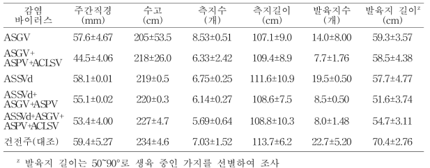 사과 홍로 품종에서의 수체생육(원예원, 인위감염 6~7년생, 10월 25일)