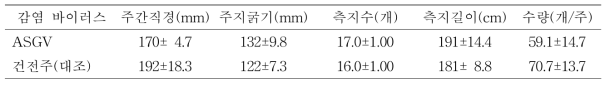 배 신고 품종의 수체생육 및 수량(나주, 9년생, 9월 20일)