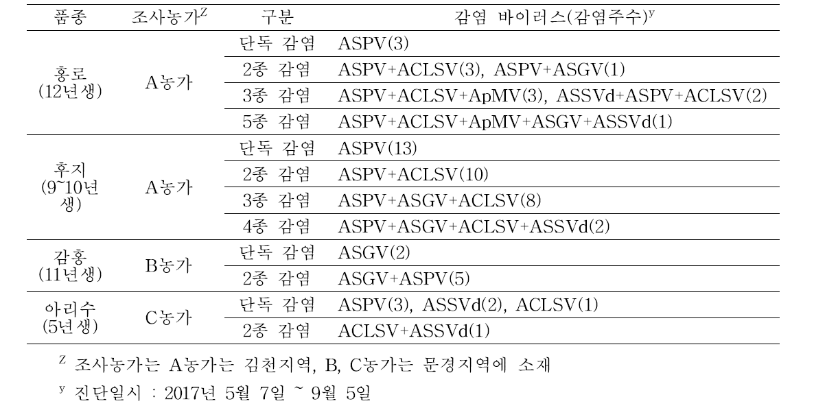 사과 후지, 홍로, 감홍 품종 조사농가의 바이러스 감염 현황