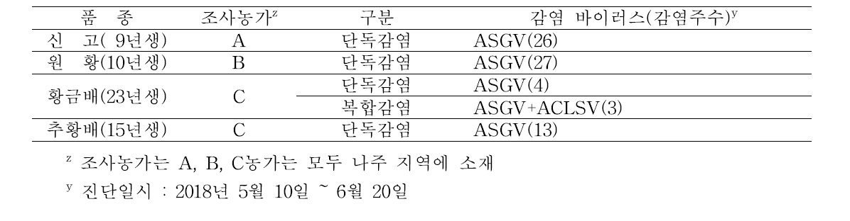 배 신고, 원황, 황금배 및 추황배 품종 조사농가의 바이러스 감염 현황