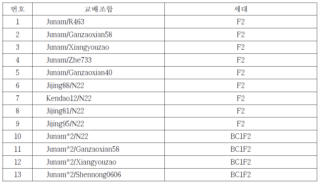 고온등숙성 QTL 탐색 및 품종육성을 위한 집단 양성 현황