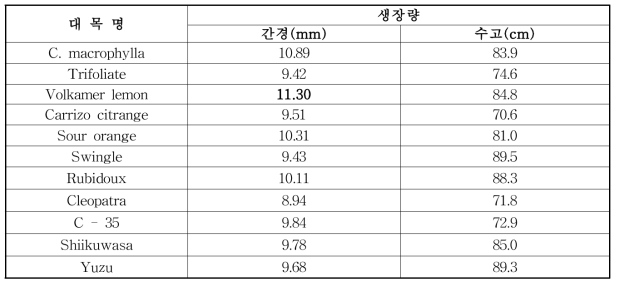 ‘신예감’ 대목 자원별 접목 후 생육(2년차)