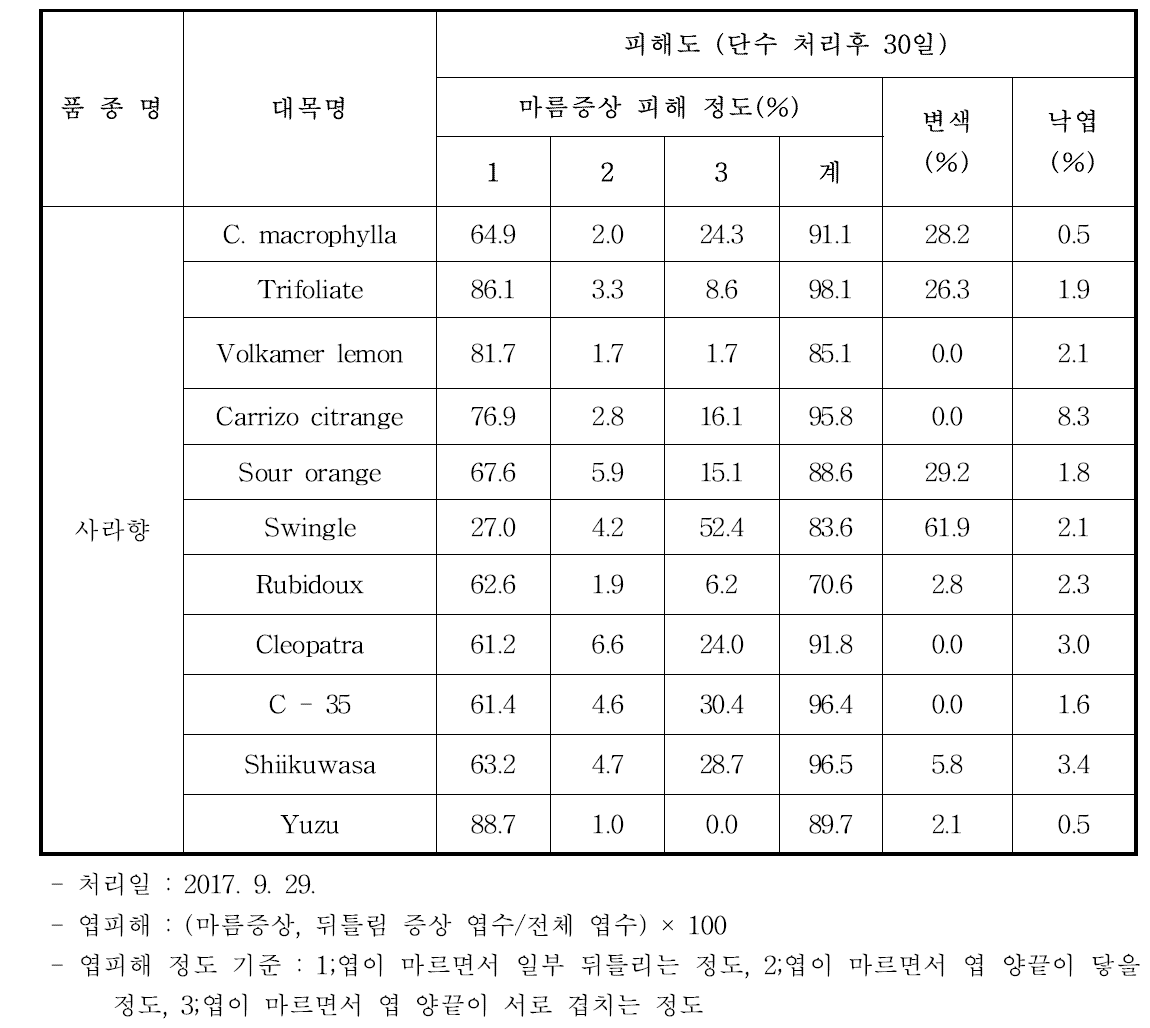 사라향 대목별 내건성 조사