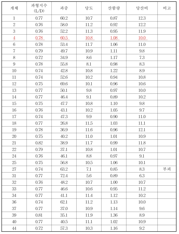 암기조생 × 썬버스트 교배 조합 착과 과실 조사 (조사일: 2014. 10. 14.)(계속)