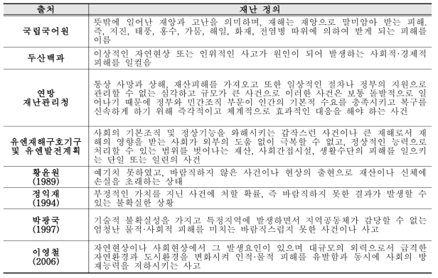 사전적 의미 및 선행연구의 재난 정의