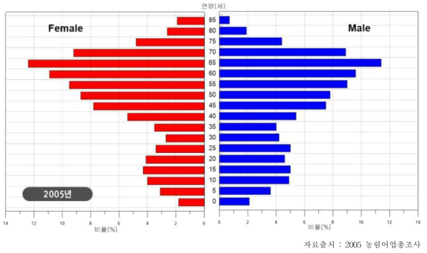 2005년의 연령대별 인구구조