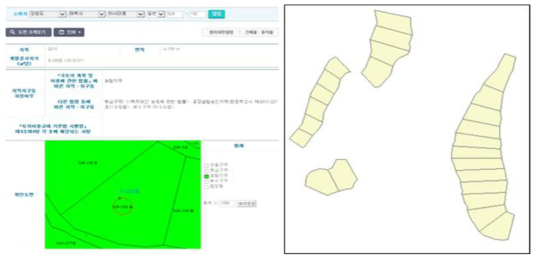 대상지역의 지적공부(좌)와 연속지적도(우)