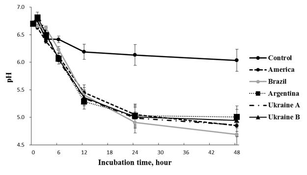 Changes in rumen pH after ruminal fermentation incubated with origin-different corns only