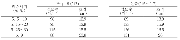 파종시기별 입모수(파종 후 20일)