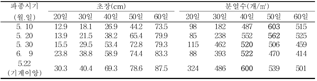 조명1호(조생종) 파종(이앙)시기별 초장 및 분얼수(‘17)