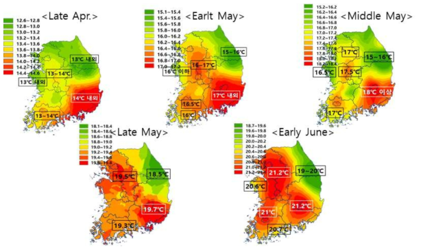 벼 직파재배 파종시기의 지역별 온도 변이(4월 하순~6월 상순)