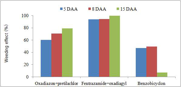 Weed control effect according to water drainage times after herbicides applic ation before seeding for weed rice in puddle-spot sowing rice paddy field. DAA: Days after application, oxadiazon+pretilachlor (240+480 g a.i. ha-1), fentrazamide+oxadiargyl (80+52 g a.i. ha-1), benzobicyclon (140 g a.i. ha-1)