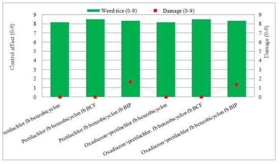 Weed control effect of herbicides system applied pretilachlor and benzobicyclo n on 27 and 7 days before seeding or oxadiazon+pretilachlor and benzobicyclon on 2 7 and 7 days before seeding and BCF and BIP on 12 days after direct seeding for wee d rice in puddle-spot sowing rice paddy field. Pretilachlor (560 g a.i. ha-1), oxadiazon+ pretilachlor (240+480 g a.i. ha-1), benzobicyclon (140 g a.i. ha-1), BCF: benzobicyclon+c arfentrazone-ethyl+flucetosulfuron (210+75+21 g a.i. ha-1), BIP: bromobutide+imazosulfu ron+pyraclonil (900+75+180 g a.i. ha-1)