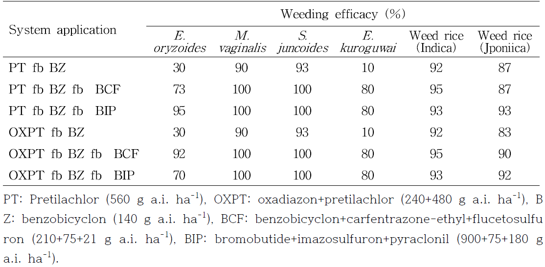 Weed control effect according to herbicides system applied in puddle-spot sowing rice paddy field