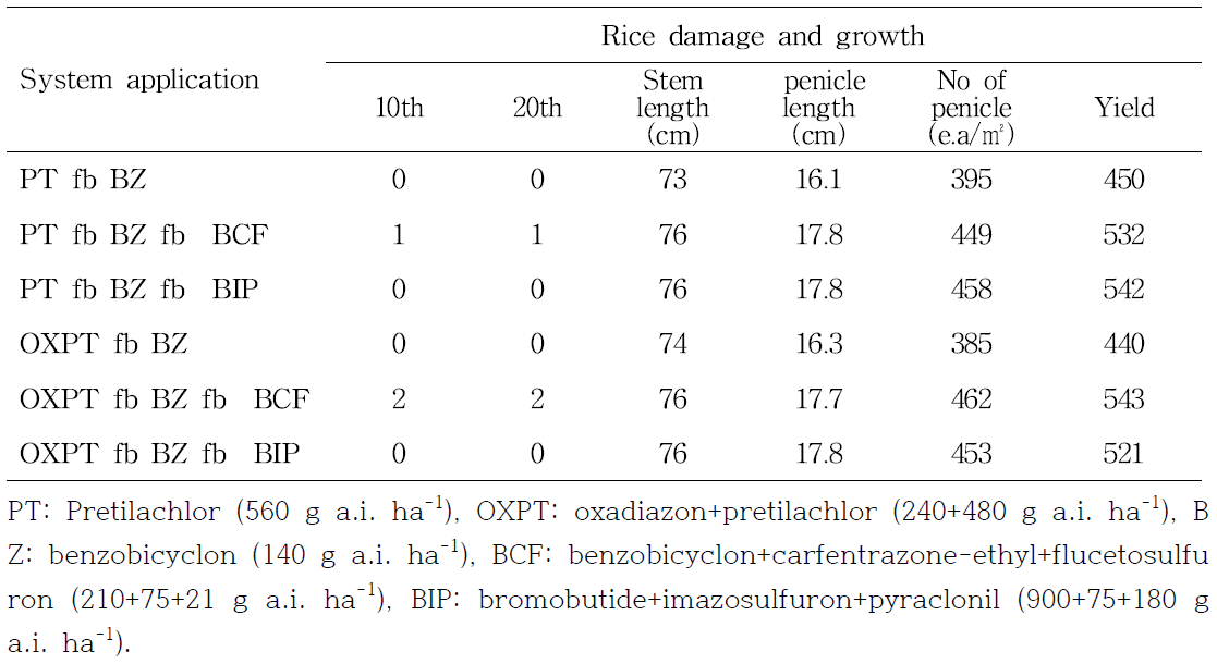 Rice damage and growth according to herbicides system applied in puddle-spot sowing rice paddy field