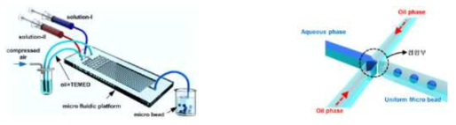 Micro-polymerbeads를 생성하기 위한 microfluidic platform과 마이크로리터 볼륨 디스펜서(Microliter Dispensor)의 개략도