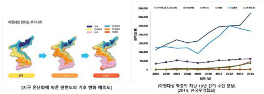 한반도의 아열대성 변화(오른), 아열대성 작물의 지난 10년간의 수입 양성 자료(왼)