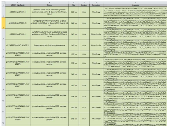 Avocado sunblotch Viroid NCBI 기반 서열 데이터 (.Excel)