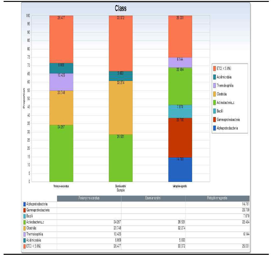 Perionyx excavatus, Eiseina andrei, Metaphire agrestis에 대한 bacteria class 수준의 구성분석