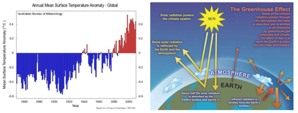 지구표면온도 변화 양상과 지구 온난화의 원인(source: WWF)