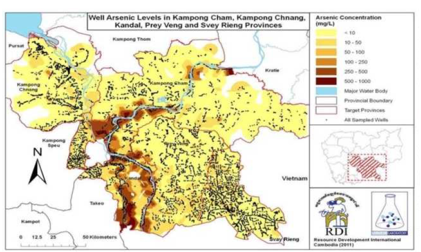 캄보디아의 비소 오염 지도 (비소함량이 높을수록 진한 갈색으로 나타냄) (source: RDI(2011))