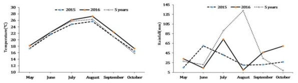 Monthly mean temperature and rainfall data for the rice growing period in Buan. The 5-year period was between 2010 and 2014