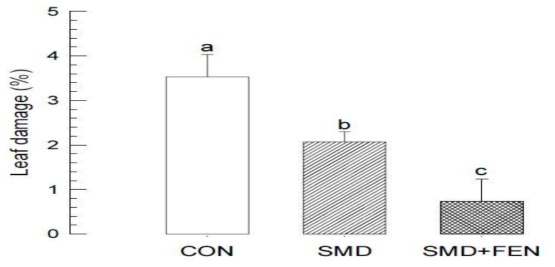 안동 사과원에서 CON, SMD, SMD+FEN 처리간 피해엽률(%) 비교. 각 처리구에서 세 나무를 선택하여 각 나무에서 500엽을 선택하여 피해엽수를 세고 전체 피해엽률을 계산하였음