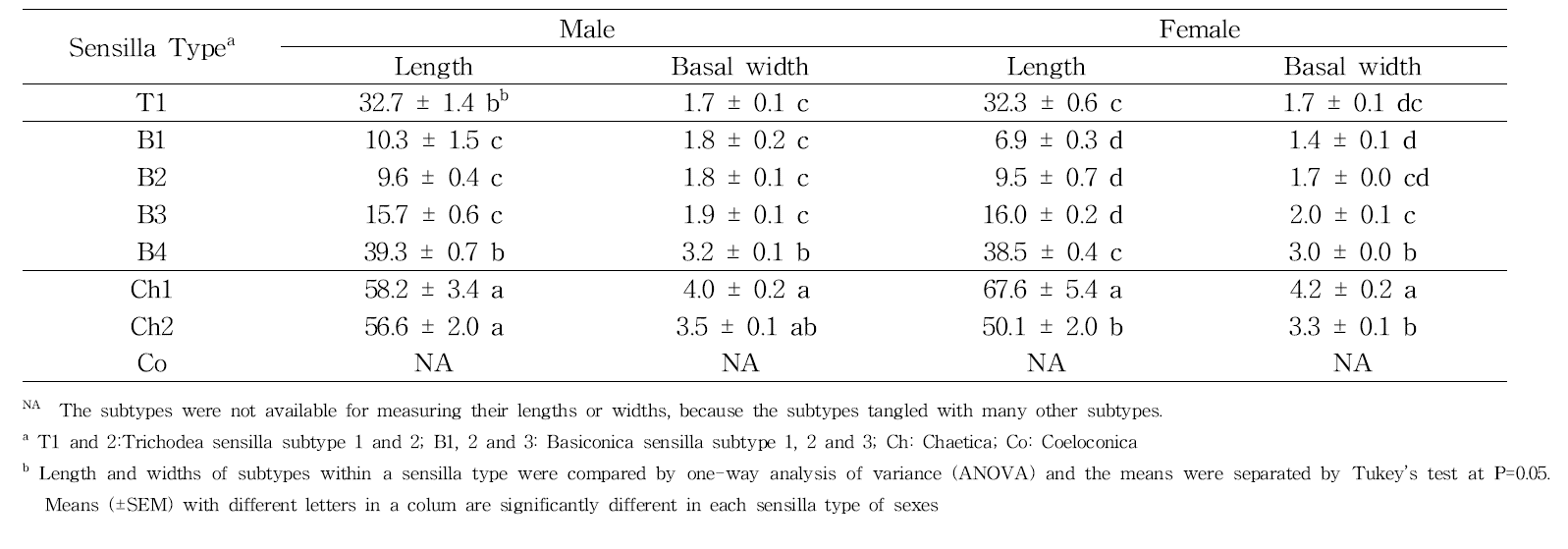 Length(㎛) and basal width(㎛) of each types of antennal sensilla of both sex of P . stali (N=20)