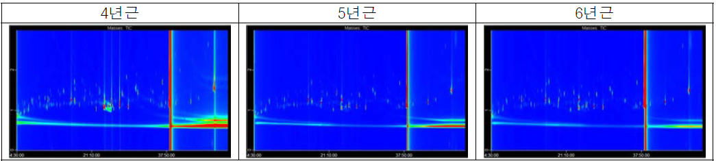 인삼의 연근별 GCxGC/MS 2차원 이온크로마토그램