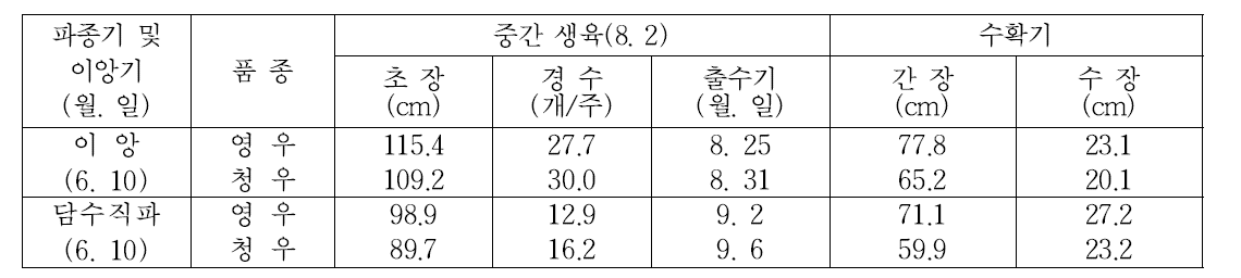 재배양식별, 품종별 중간생육 및 수확기 생육 특성(2017년)