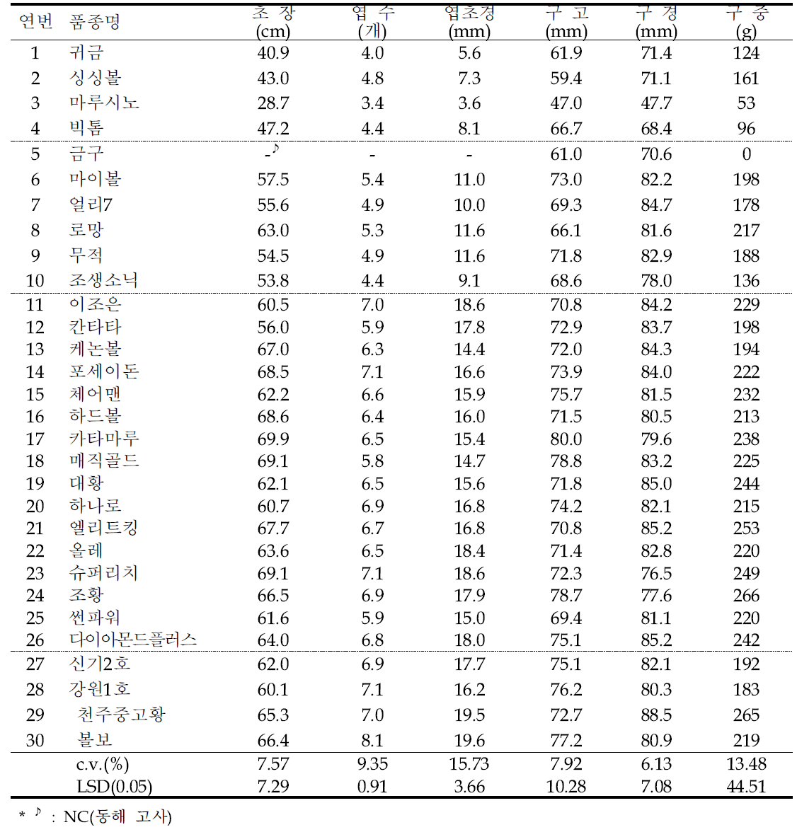 지상부 생육 및 구 특성