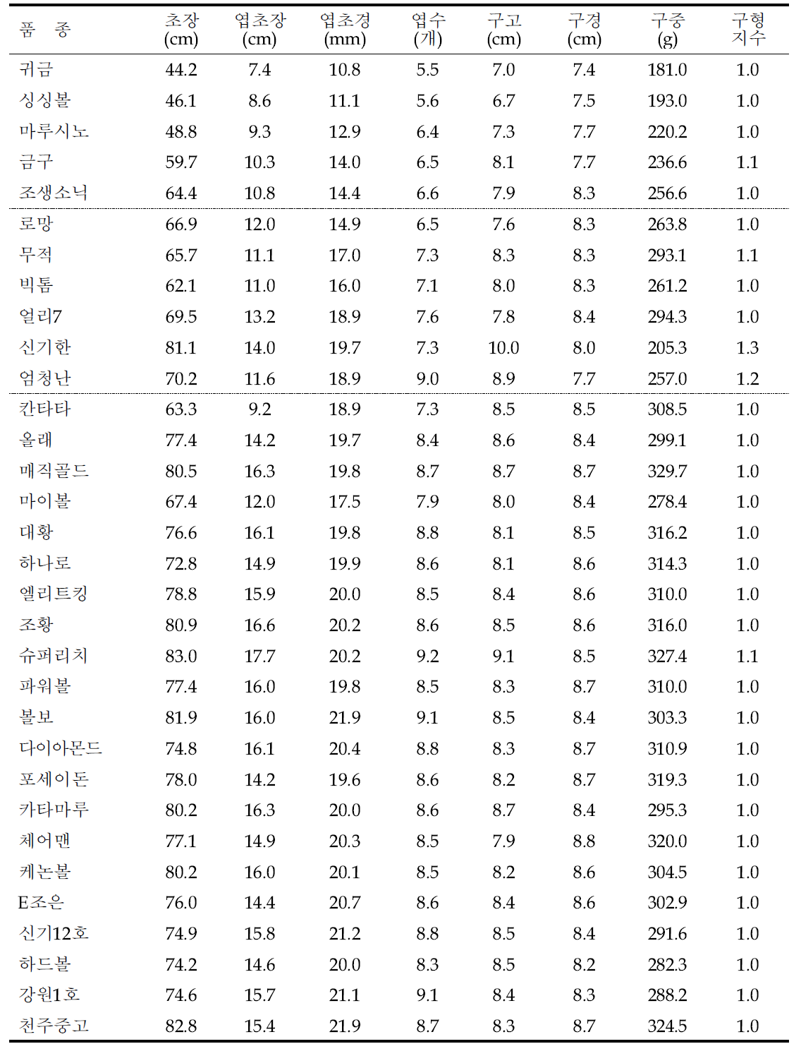 양파 품종에 따른 생육 및 구 특성