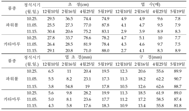 중만생 품종 정식시기별 생육