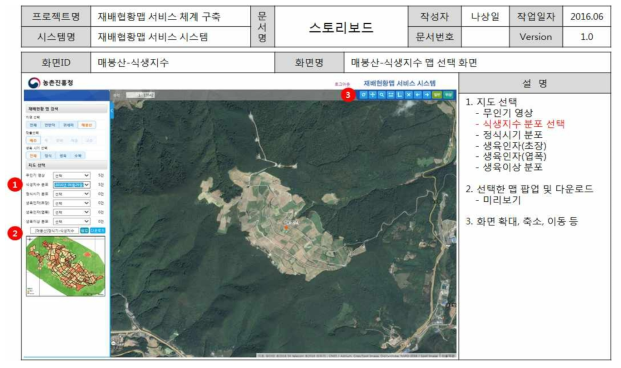 재배현황맵 서비스 스토리보드 : 매봉산-식생지수 분포 지도 선택 화면