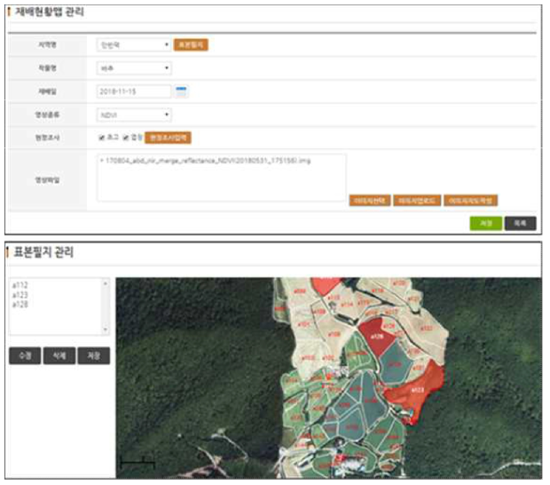 재배현황맵 표본필지 관리화면