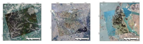 대상지역 및 위성영상 현황(합천군-김제시-해남군)