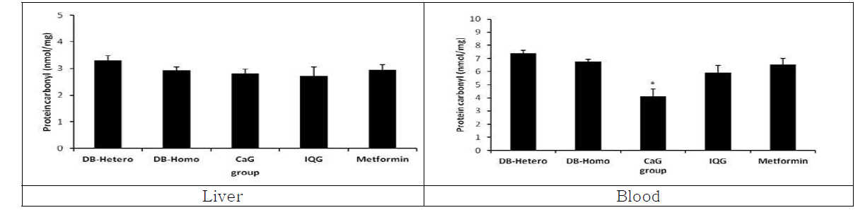 당뇨 쥐에 강랑-, 호박벌여왕벌- 글라이코자미노글라이칸을 1개월 동안 투여 후 혈액과 간에서의 카보닐 함량(항당뇨2차 동물실험, 재현성시험)