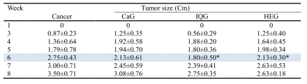 Tumor size of various insect GAG group according to time (week)