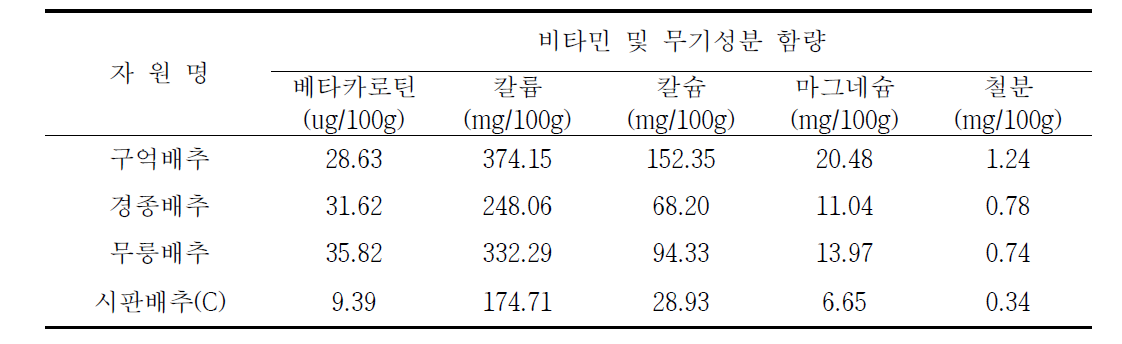 수집 토종배추의 비타민 및 무기성분 함량